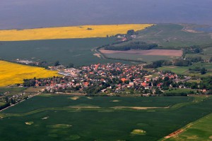 Rambin während der Rapsblüte vom Süden aus gesehen. Im Hintergrund der Kubitzer Bodden. Foto: Wikimedia Commons